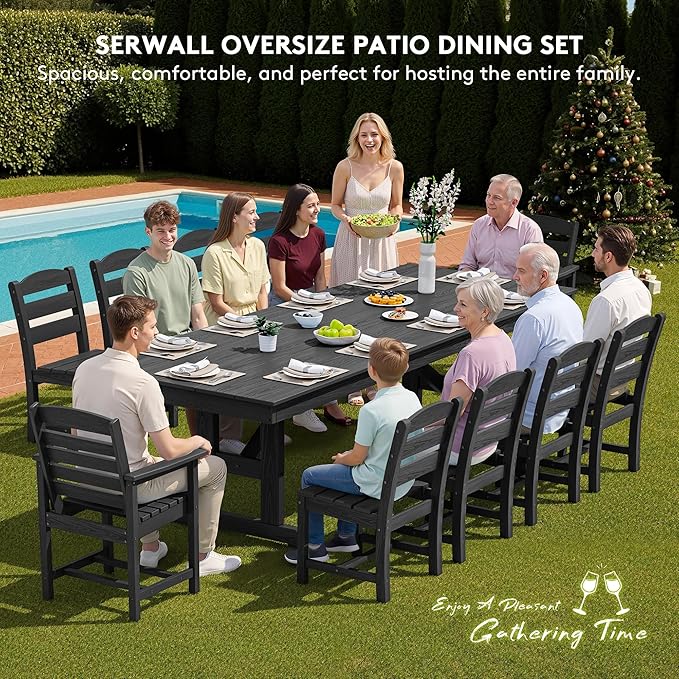 SERWALL 11 Piece Outdoor Dining Set, 84" HDPE Outdoor Table and Chairs for 10，All Weather Patio Furniture Set with Umbrella Hole for Backyard, Garden, Black SERWALL