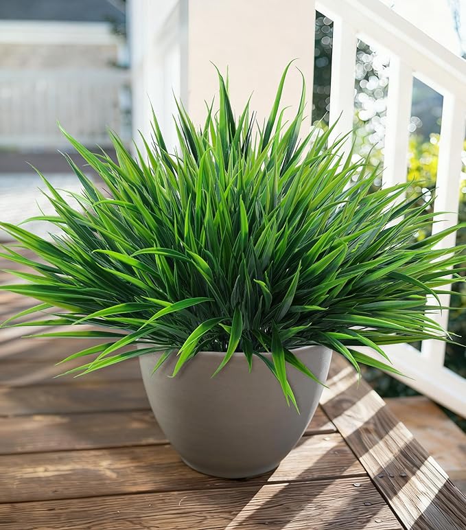 12Pcs Artificial Plants Outdoor Fake Plastic Grass Spring Decoration UV Resistant Faux Greenery Stems Bushes Outside Fake Plants for Planters Patio Porch Window Box Pathway Garden Home Decor, Green Ivydale
