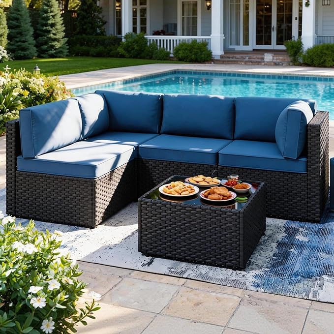 SUNLEI 5 Piece Patio Furniture Sets, Low Back All-Weather Rattan Sectional Sofa with Tea Table&Washable Couch Cushions, Patio Furniture Sets, Black Rattan SUNLEI