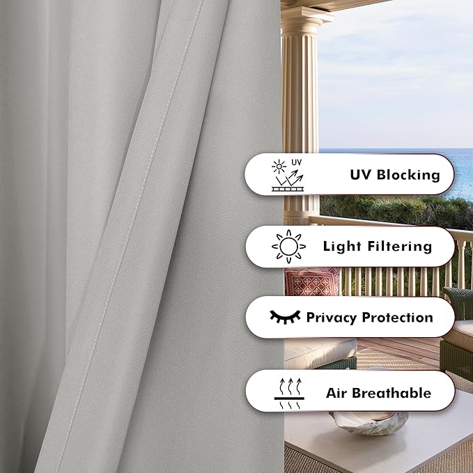 BONZER Waterproof Indoor/Outdoor Curtains for Patio Thick Privacy Grommet Curtains for Bedroom, Living Room, Porch, Pergola, Cabana, 1 Panel, 84W x 120L inch, Silver Bonzer