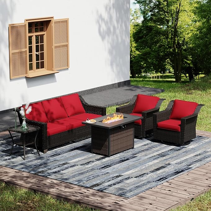 Joyside Wicker Patio Furniture Sets, 5 Pieces Upgraded Large Size Outdoor Furniture with Swivel Rocking Patio Chairs, 3-Seat Sofa, Fire Table, Coffee Table, Thick Cushions, Wide Armrest, Red Joyside