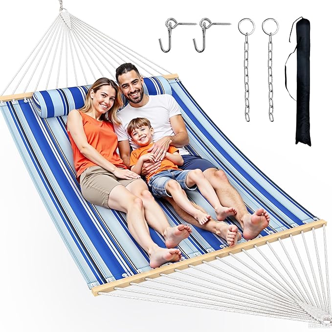 Double Hammock with Spreader Bar,Soft Pillow,Max Load 500lbs,Portable Hammock for Outdoor,Camping,and Backyard,Aqua Blue Rootora