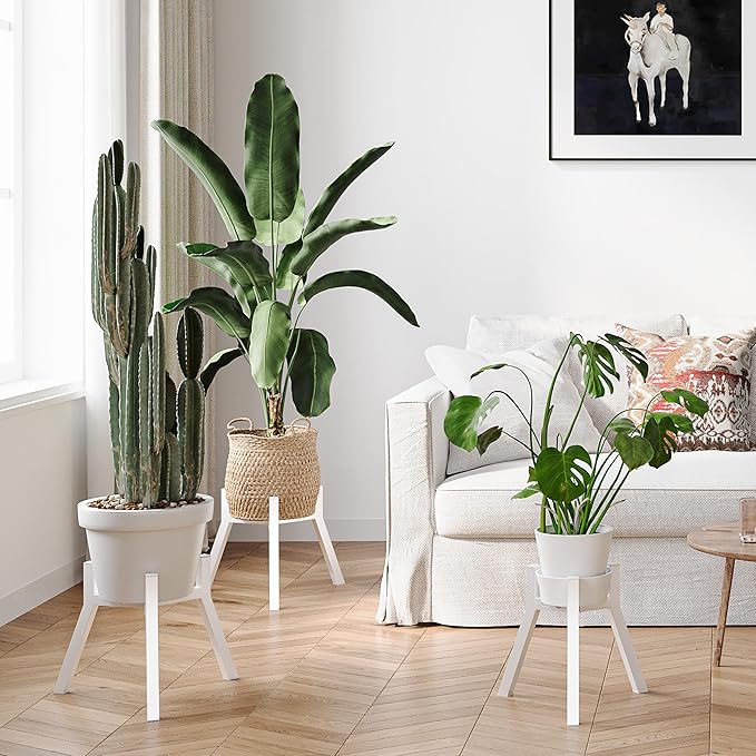 Adjustable Plant Stands Set of 2, Metal Small Plant Holder, Heavy Duty Stable Flower Holder Stand Rack for Various Pot Sizes Indoor Outdoor Corner Living Room Balcony Office White PS-007WH-2 IRCPEN