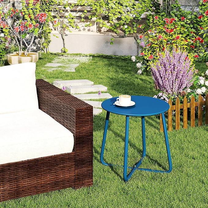 HollyHOME Round Metal Side Table, Rust-Resistant Patio Small Plant Stand, Outdoor 17.32'' Portable End Table for Balconies, Gardens, Living Rooms and Bedrooms, Navy Blue HollyHOME