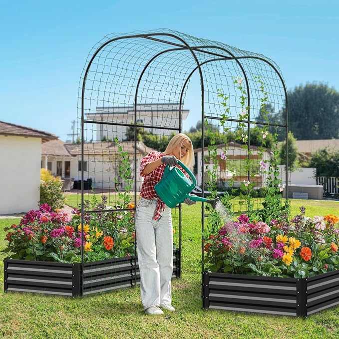 DoCred 3 in 1 Raised Garden Bed with 87in Tall Arch Trellis for Climbing Plants, Galvanized Planter Garden Box Outdoor for Gardening, Climbing Vegetables, Flower, Black DoCred