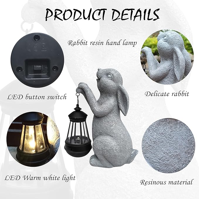Rabbit Solar Garden Statues,Resin Rabbit Figurine Decorations with Solar Lights Lantern, Outdoor Figurines Lawn Garden Statue Decor Art for Lawn,Yard, Balcony Ornament. Qobumy