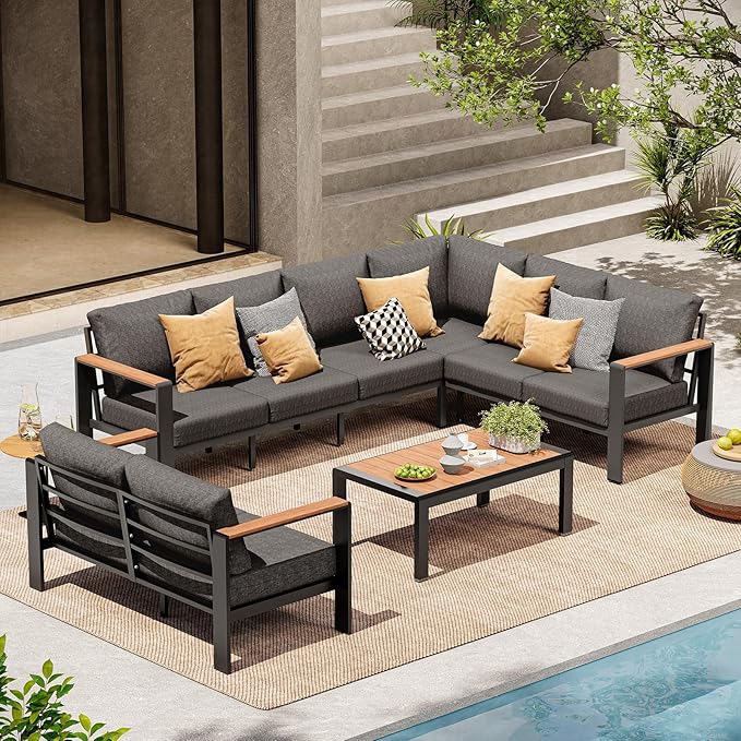Aluminum Outdoor Patio Furniture Set 8 Seats, Outdoor Sectional Corner Sofa, Patio Conversation Set with Coffee Table & Washable Cushions, Furniture Set for Porch, Balcony, Deck, Graphite ComfCove