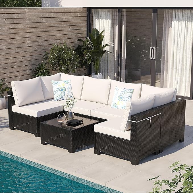 Outdoor Wicker Patio Furniture Set, Rattan Sectional Sofa Set with Thick Cushions (Coffee/Beige, 7 Piece Sofa Set) Ophelian