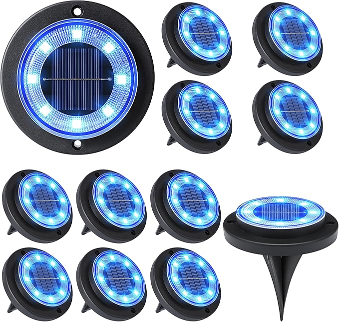 Flacchi Solar Lights Outdoor - Solar Powered Ground Lights Outdoor Solar Disk Light Waterproof Landscape Light for Patio Yard Pathway Walkway Driveway (Blue, 12 Pack) Flacchi