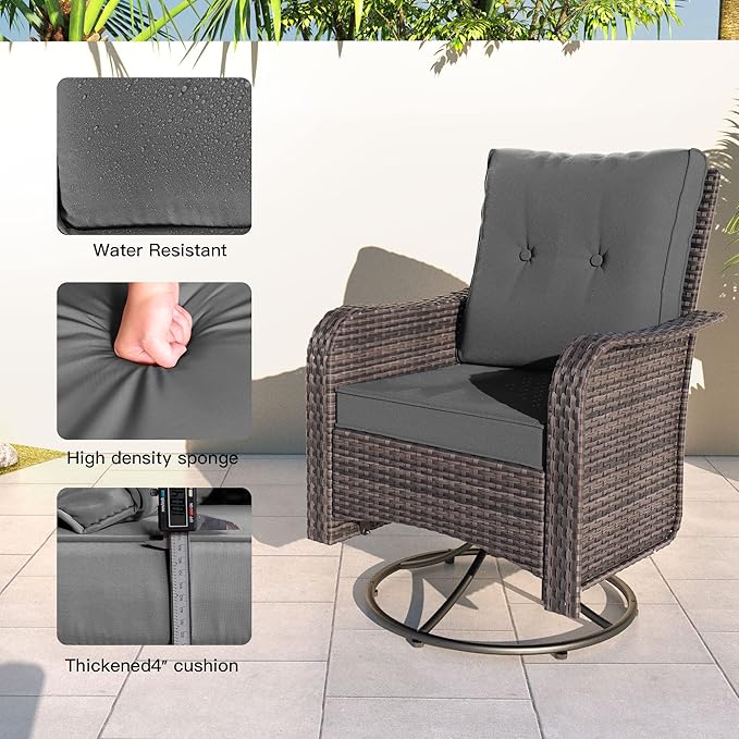 Kullavik 11 Pieces Outdoor Patio Furniture Set,PE Wicker Rattan Sectional Sofa Patio Conversation Sets with 43" 55000BTU Gas Propane Fire Pit Table,Swivel Rocking Chairs Set,Grey KULLAVIK
