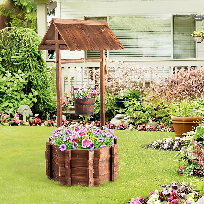 VINGLI Wooden Wishing Well Outdoor Planters, Well Covers for Yard with 4 Reinforced Rods, Height Adjustable Hanging Bucket, Rustic Flower Pot Home Decor for Outside Patio Garden VINGLI