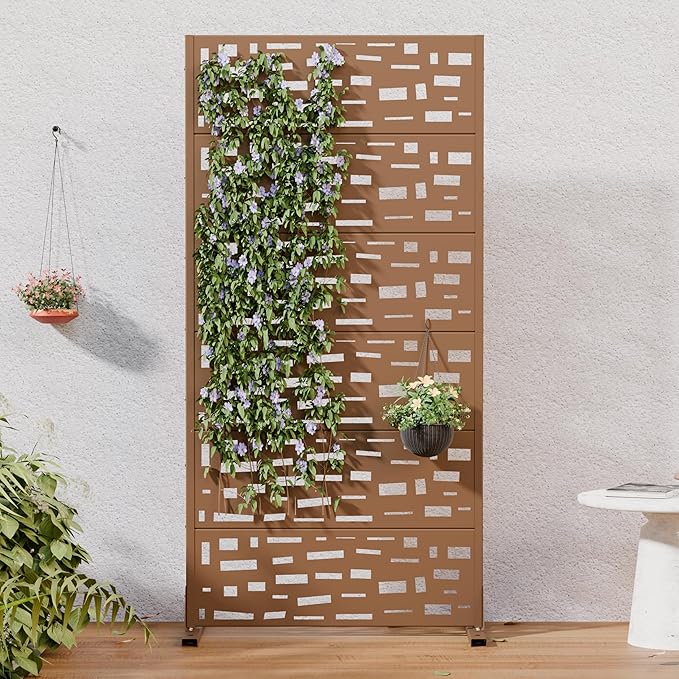 Casaphoria Metal Privacy Screen Outdoor, 72" H x 35" W Freestanding Decorative Privacy Screen for Patio Deck Balcony Garden with Stable Base, Brown-Geral Casaphoria