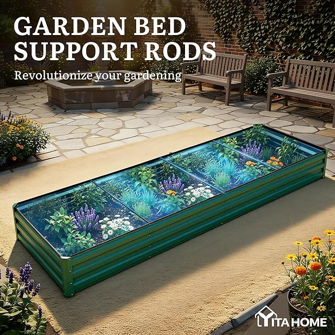 YITAHOME 4pcs 12x4x1 ft Galvanized Raised Garden Bed Kit, Large Metal Planter Box with Gloves, Safety Rubber & Support Rod, Outdoor Flower Bed for Plants Vegetables, Green YITAHOME