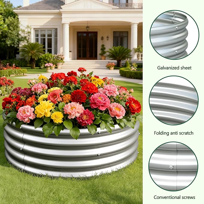 3x3x1ft(2 Pack) Galvanized Round Raised Garden Bed,Outdoor Planter Box Metal Patio Kit Planting Bed for Vegetables Flowers Herb,Silver Foxlang