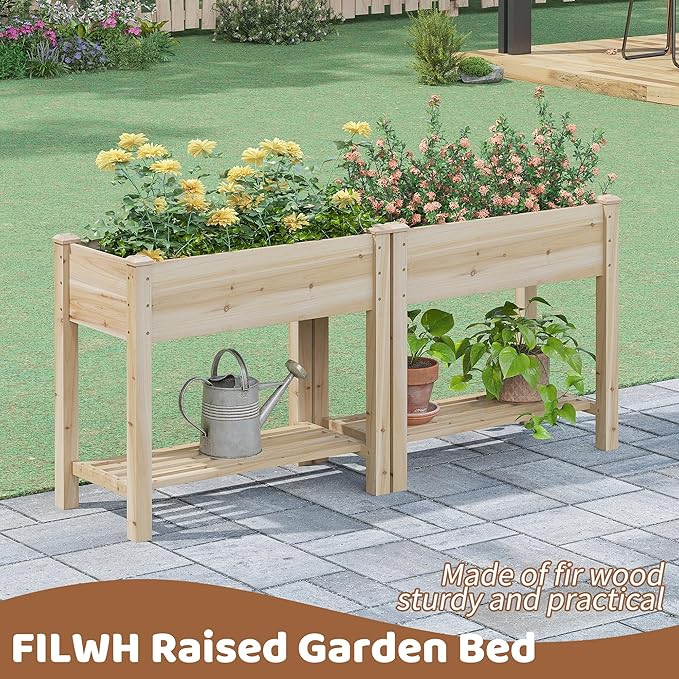 FILWH Raised Garden Bed with Legs Elevated Wooden Planter Box Stand Large Planter Stand Box for Fruits Vegetables Flowers with Divider with Bag - 34x18x30.5IN FILWH