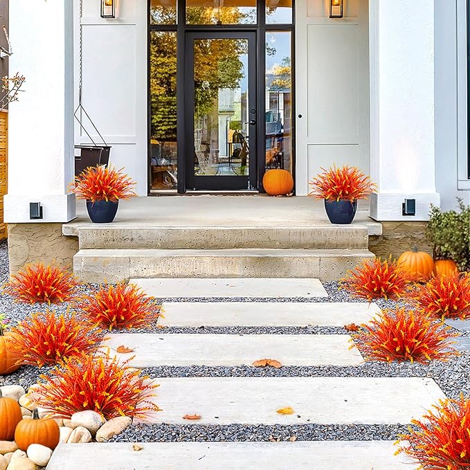 Artificial Fake Plants Flowers for Outdoors Fall Decor, 12 Bundles Fall Leaves Faux Lavender Flowers for Autumn Decoration, Fake Shrubs UV Resistant Planter No Fade for Garden Porch Balcony(Brown) Ammyoo