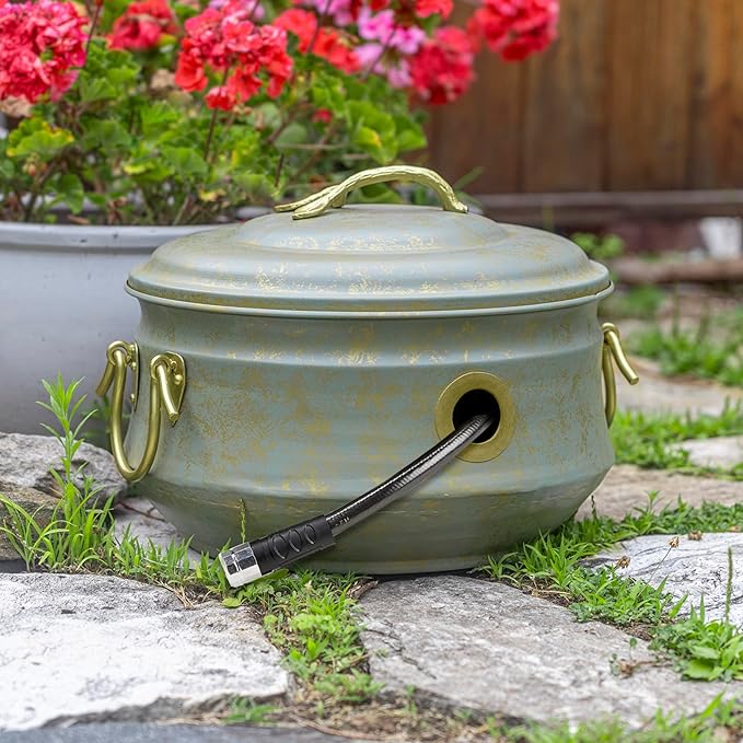 Sedona Hose Pot with Lid, Brass Accents, holds up to 100-Feet of Hose By Good Directions GoodDirections