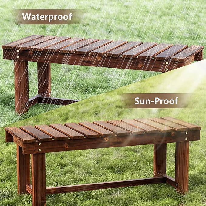 35.5" Outdoor Garden Bench, Weatherproof Patio Benches 2-Person Seat Backless Wooden Porch Bench, Multifunctional Slat All Weather Bench for Garden Lawn Porch Park Backyard (Carbonized Brown) Nidouillet