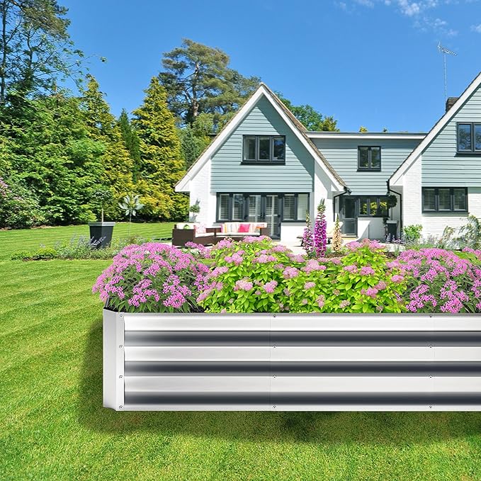 2PCS 8x2x1FT Galvanized Raised Garden Bed,Planter Raised Beds-Metal Garden Box,Large Plant for Outdoor Planting, Vegetables Bed，Flower,herb-Silver Home