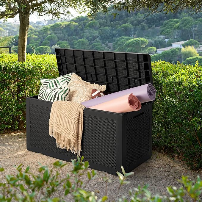 Devoko 100 Gallon Waterproof Large Resin Deck Box Outdoor Storage Box Indoor Lockable Storage Container with Cushion for Patio Furniture Garden Pool Cushions (Black) DEVOKO