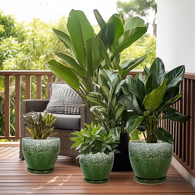 Ceramic Pots for Plants - 8 Inch Planter for Indoor Outdoor Plants, Round Planter, Large Flower Pot with Drainage and Saucer, Home Room Garden Office Decor, Birthday Gifts, Green EPFamily