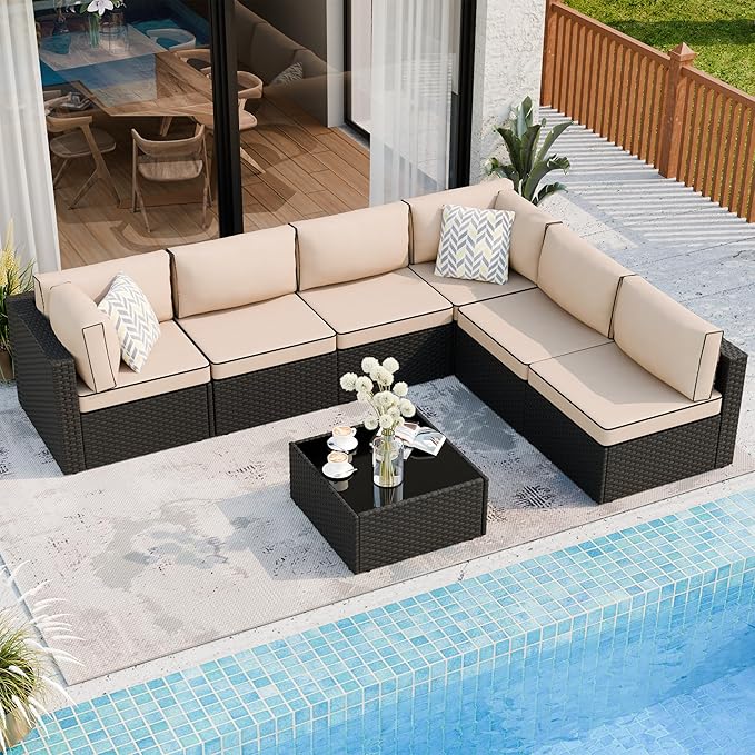 Shintenchi 7 Pieces Outdoor Patio Sectional Sofa Couch, Wicker Furniture Conversation Sets with Washable Cushions & Glass Coffee Table for Garden, Poolside, Backyard (Khaki) Shintenchi