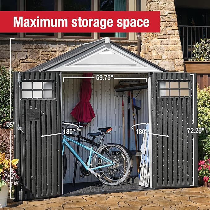 Rubbermaid Resin Outdoor Storage Shed With Floor (7 x 3.5 Ft) Weather Resistant, White, Organization for Home/Backyard/Garden Tools/Lawn Mower/Bike Storage/Pool Supplies Rubbermaid