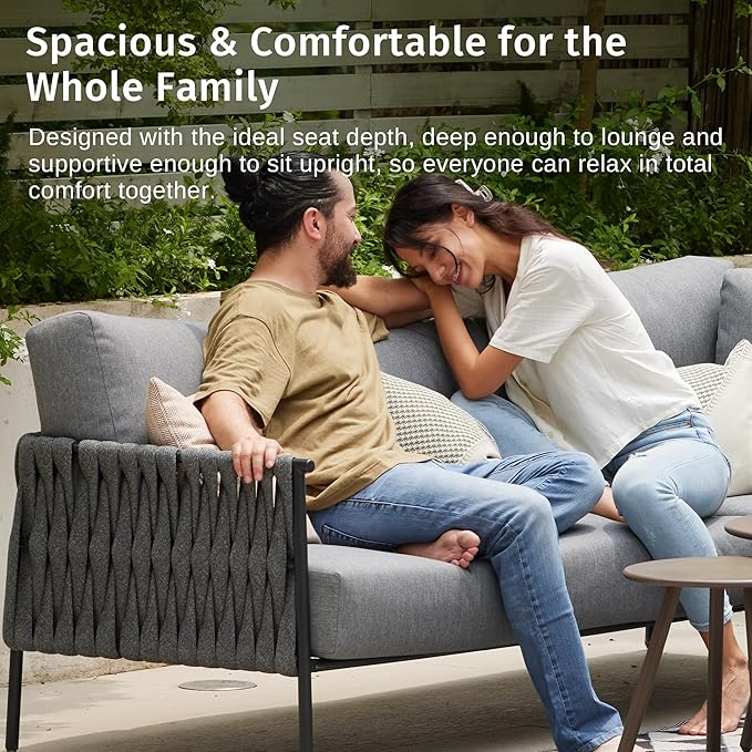 East Oak Corner Patio Furniture Set | Life Chatter 5-Seat Outdoor Furniture | Deep Seating Corner Sofa with Round Coffee Table | Extra-Thick & Washable Cushions | Misty Grey EASTOAK