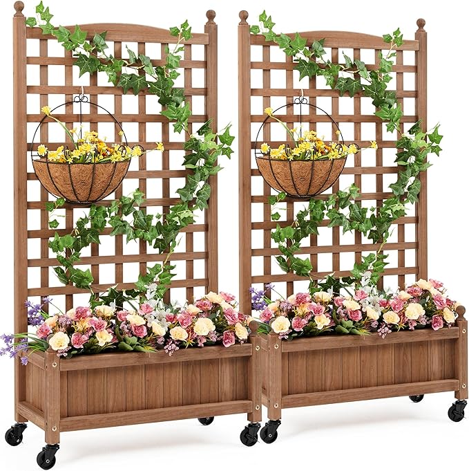 Yaheetech 2pcs 50" H Raised Garden Bed with Trellis & Wheels Standing Vertical Horticulture Planter Box for Vine Climbing Plants, Flowers, Herbs Brown Yaheetech