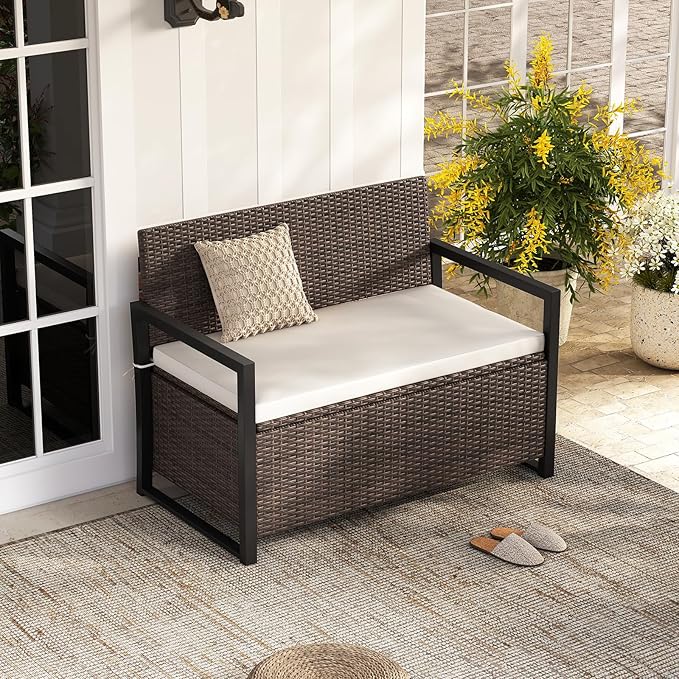Tangkula 40 Gallon Outdoor Bench with Storage, Patio Wicker Storage Bench with Cushion, Cover, Metal Frame, Deck Box Seat for Backyard, Poolside, Balcony, Garden TANGKULA