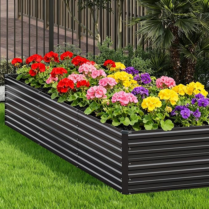 Vengarus 12x2x2FT Galvanized Raised Garden Bed Kit, Large Rectangle Elevated Planter for Vegetables, Flowers, Herbs and Succulents - 359 Gallon Capacity,Black Vengarus
