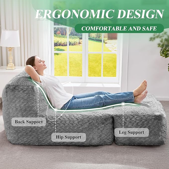 Hobestluk Bean Bag Chair Big Bean Bag Lounger for Adults Bean Bag Couch with Memory Foam Filled for Living Room, Bedroom or Balcony (Chevron Plush Grey) YourHomeDeservesMore