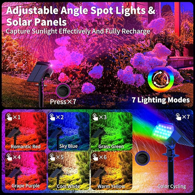 Solar Spot Lights Outdoor Color Changing, [7 Mode/2 Pack] Christmas Landscape Spotlights, Solar Lights Outdoor Waterproof, Solar Led Powered Flood Light for Outside Pathway Yard Garden Walkway WENATY