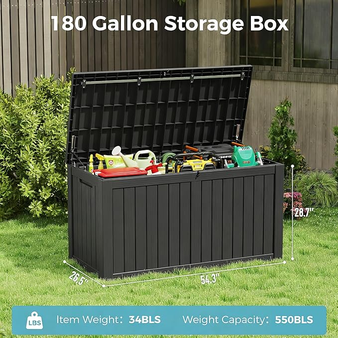 Outdoor Storage Box, Resin Deck Boxes Indoor and outdoor, Waterproof Storage Box Lockable Lid (Black,180 Gallon) NBYSGO