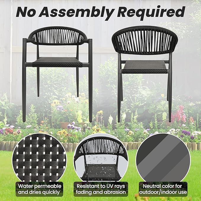 4 Pcs Stackable Patio Dining Chairs, Aluminum Rattan Outdoor Dining Chair with Arms, Woven Rope Garden Armchair Metal No Assembly for Bistro Balcony Porch Deck Yard Cafe Restaurant, Black Erotr