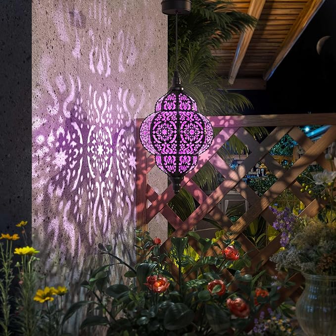 Hanging Solar Lights Outdoor Garden Decor Solar Lantern Waterproof Plastic Moroccan Outdoor Decorations for Patio Pathway Yard Backyard Garden Decorative (2, Purple) Hapjoy