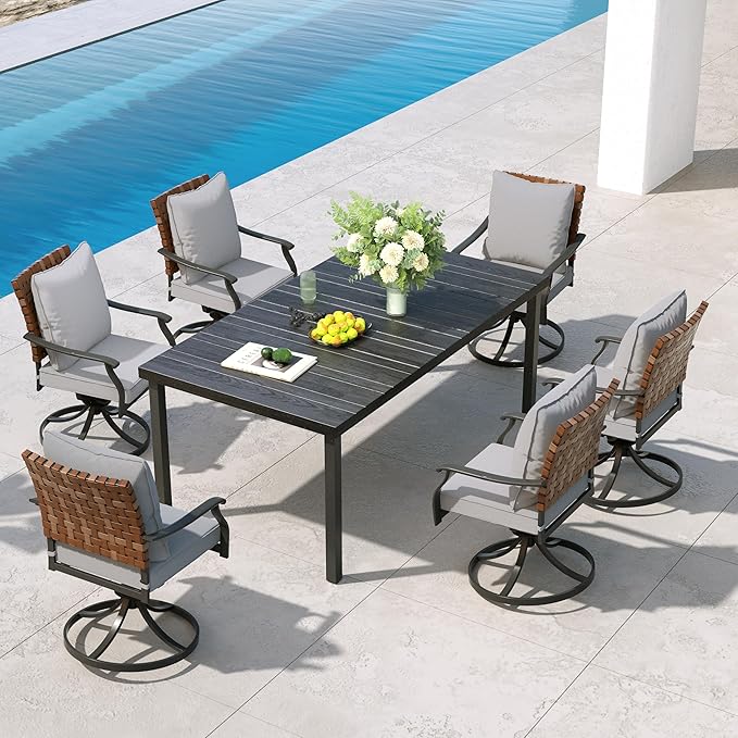 Grand patio 7-Piece Outdoor Dining Set, 6 Leather-Look Wicker Swivel Patio Chairs & 1 Straight Legs Rectangular Dining Table, Black GrandPatio