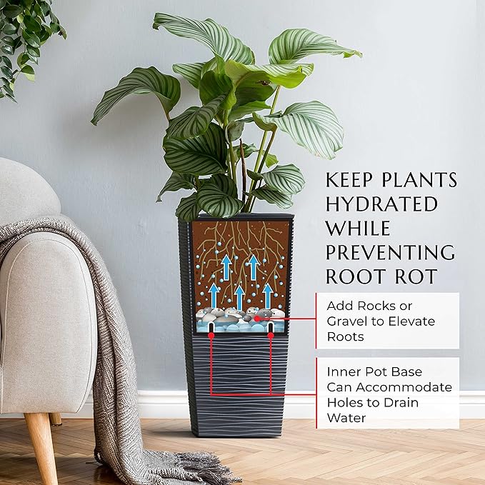 Mueller Janska M-Resin Heavy Duty Tall Planter, Indoor/Outdoor Grande Plant, Tree, Flower Pot, 2-Piece Set, 24”, Modern Design, Built-in Drainage, Dark Gray Mueller