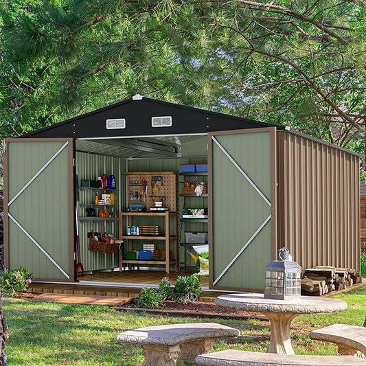 Devoko 10 x 8 FT Outdoor Storage Shed, Metal Garden Sheds & Outdoor Storage Clearance, Large Tool Shed Outdoor with Single Lockable Door for Patio Lawn Backyard (Brown) DEVOKO