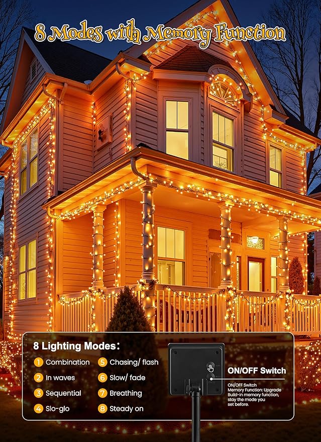 Brightown 4 Pack Solar Halloween Lights, Total 184FT 480 LED Solar String Lights Outdoor Waterproof Black Wire with 8 Modes, Solar Fairy Light for Garden Yard Patio Party Decors, Orange Brightown