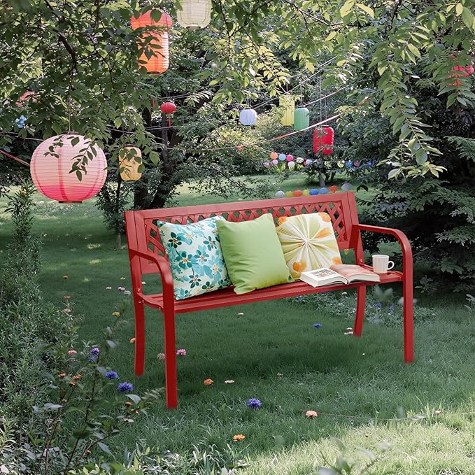 VINGLI 47'' Outdoor Bench, Weather Resistant Garden Patio Bench Powder Coated Iron Frame w/PVC Mesh Backrest Slatted Seat, 2-Person Outdoor Furniture for Front Porch Entryway Park (Red) VINGLI