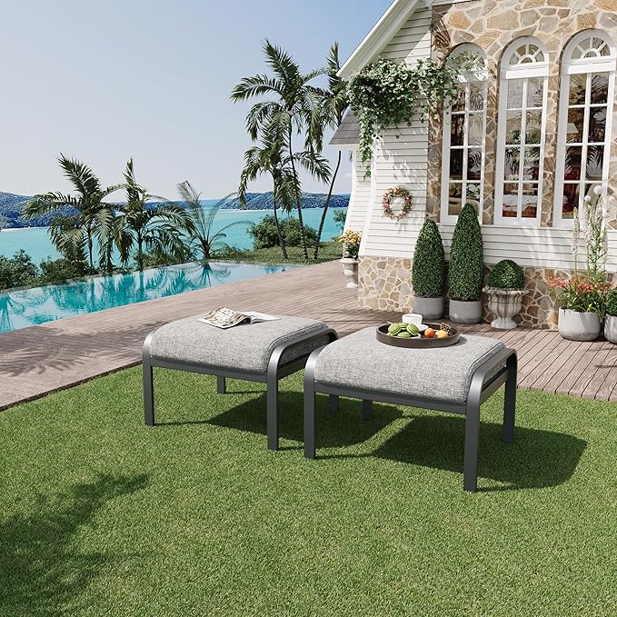 HOMREST Metal Outdoor Ottoman, 2-Piece Aluminum Footstool w/Removable Cushion, Multipurpose Footrest Stool Additional Seating, Set of 2 Outdoor Ottomans for Patio Deck (Grey) HOMREST