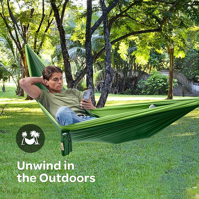 Durable Hammock 550 lb Capacity, Nylon Camping Hammock Chair - Double or Single Sizes w/Tree Straps and Attached Carry Bag - for Travel/Backpacking/Beach/Backyard (X-Large, Forest Green & Lima Green) Sewanta