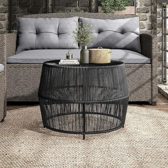 Furniture of America Ysar Boho Rattan Round Coffee Table Outdoor with Metal Frame, All-Weather and Rust Resistant, Handcrafted Coastal Furniture for Patio, Poolside, Garden, Yard, Black FurnitureofAmerica