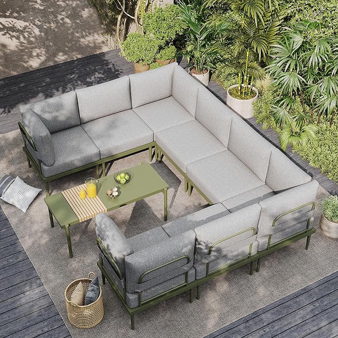 Sundale Outdoor 9 Pieces Patio Furniture Set, U-Shaped Outdoor Sectional Sofa with 6 Inch Olefin Cushion and Coffee Table, Modern Metal Outdoor Conversation Sets for Backyard, Poolside SundaleOutdoor