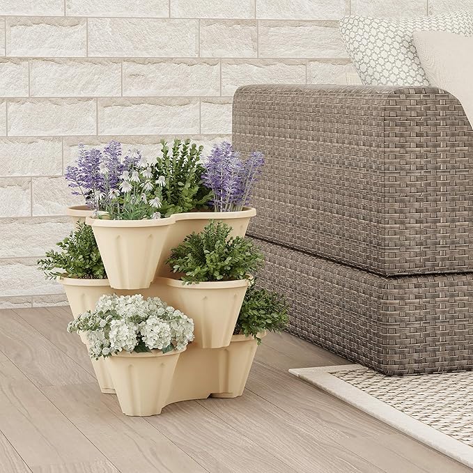Set of 3 Stacking Planter Tower - 3-Tier Space Saving Flower Pots - Indoor/Outdoor Vertical Herb and Vegetable Planter by Pure Garden (Sand Stone) PureGarden