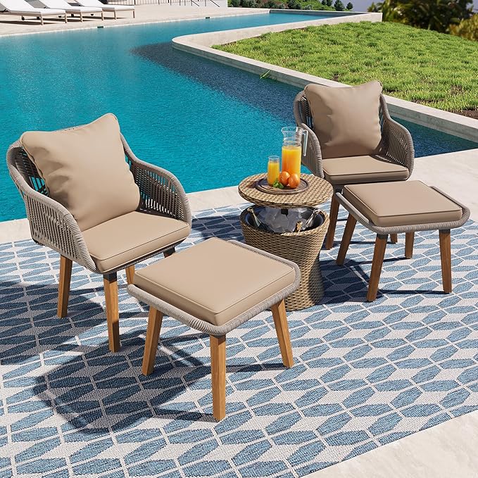 Merax 5 Pieces Patio Furniture Chair Sets, Patio Conversation Set with Wicker Cool Bar Table, Ottomans,Outdoor Furniture Bistro Sets for Porch,Backyard,Balcony,Poolside Brown Merax