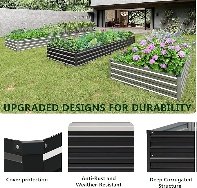 2PCS 8x4x1ft Galvanized Raised Garden Bed Kit,Metal Planter Box for Vegetables,Flowers,Herbs Durable Rust-Resistant Patio Gardening Beds,Black Henshwon