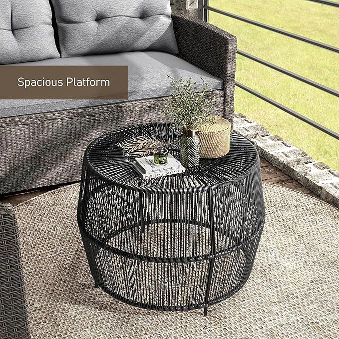Furniture of America Ysar Boho Rattan Round Coffee Table Outdoor with Metal Frame, All-Weather and Rust Resistant, Handcrafted Coastal Furniture for Patio, Poolside, Garden, Yard, Black FurnitureofAmerica
