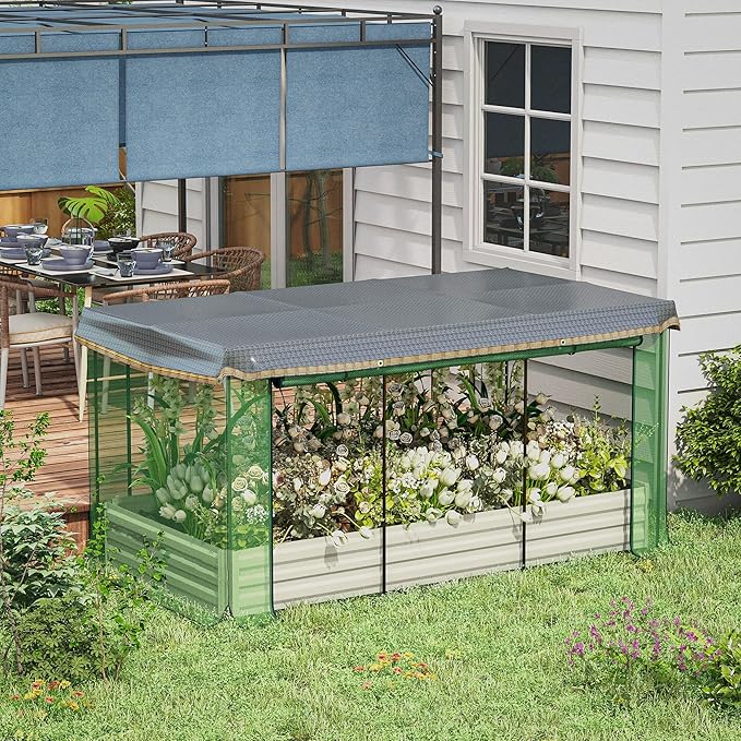 Outsunny 7.3 x 3.4 x 1 ft Galvanized Raised Garden Bed with Crop Cage Plant Protection Net and Shade Cloth Roof, Metal Planter Box with Cover for Vegetables, Flowers, Herbs, Beige Outsunny